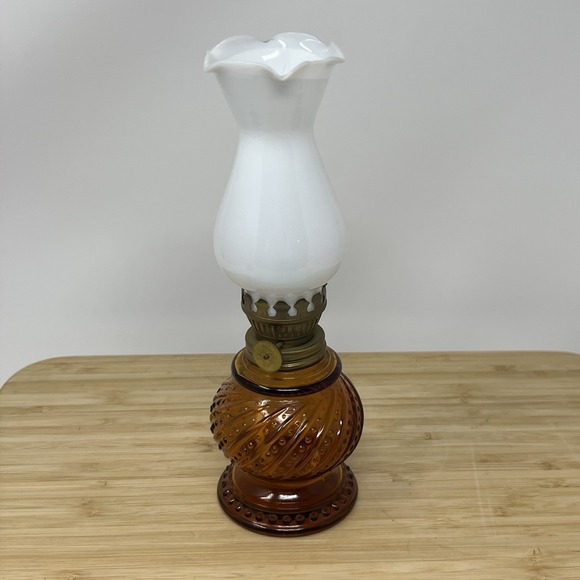 Vintage Enesco Amber Brown Glass Oil Lamp White Shade 8" Tall Never Used - Picture 1 of 8